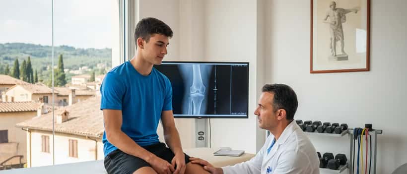 Medico sportivo italiano esamina il ginocchio di un atleta in ambulatorio sportivo a Milano