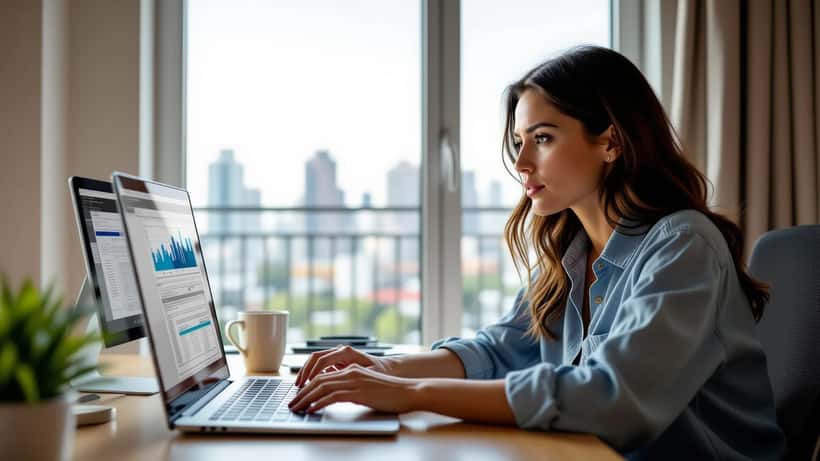 Trabalhadora brasileira preocupada com software de monitoramento no notebook em home office em São Paulo