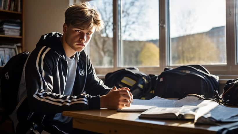 Ung fotbollsspelare studerar med böcker och football boots bredvid skrivbordet i en svensk gymnasieskola