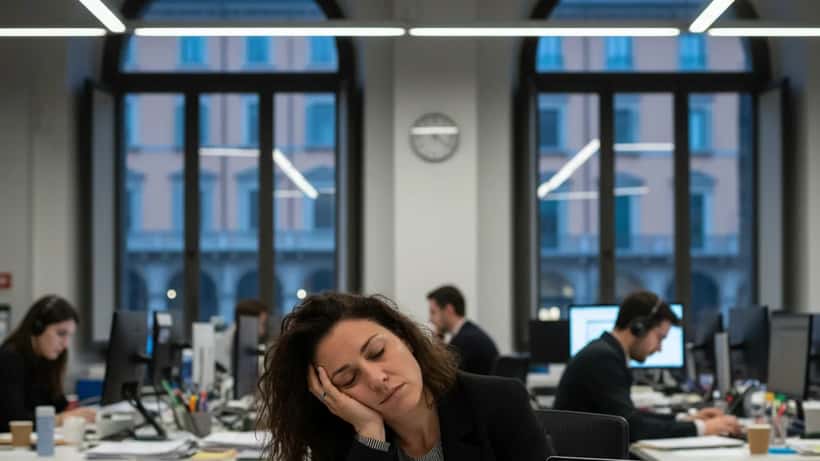 Giornalista italiana esaurita in redazione milanese, burnout professionale 2026