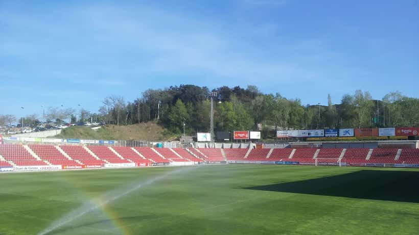 Estadi Montilivi, the home stadium of Girona FC in Catalonia, packed with supporters in red and white
