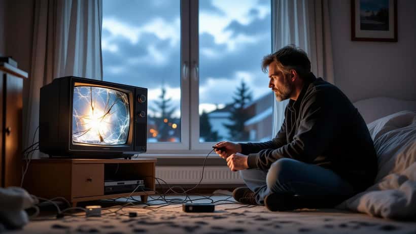 Suomalainen kodin omistaja tarkistaa salamavahingon aiheuttamia elektroniikkavaurioita myrskyn jälkeen