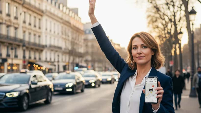 Femme héler un taxi à Paris en utilisant une application VTC sur smartphone