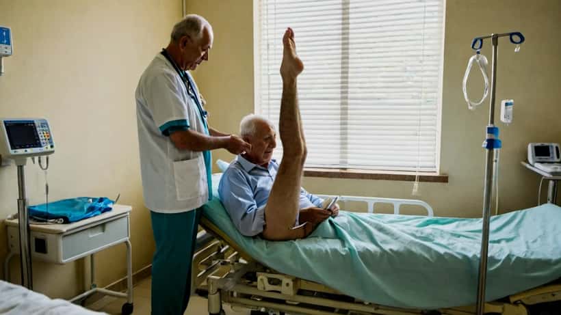 Idoso em cama hospitalar com ortopedista a verificar ficha clínica em Portugal