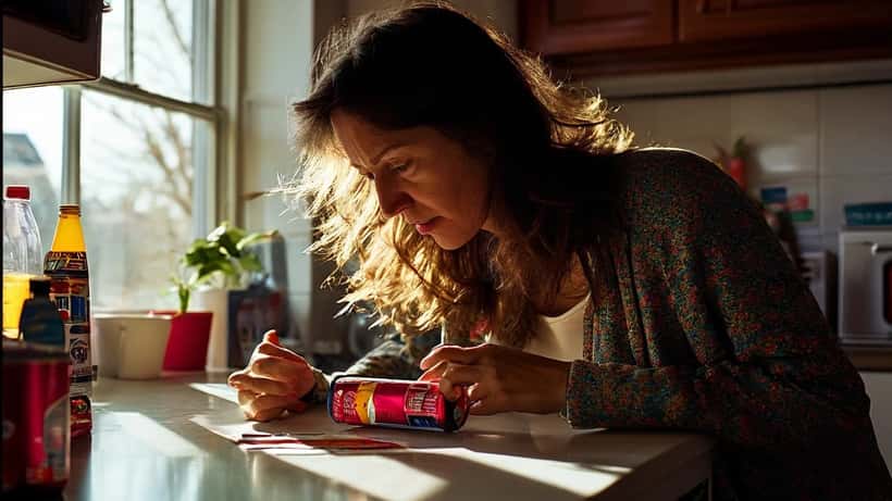 Une mère examine attentivement l'étiquette d'une boisson énergisante Holy dans une cuisine suisse moderne