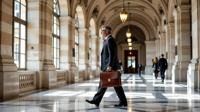 Avocat français avec mallette dans les couloirs en marbre du Palais de Justice de Paris
