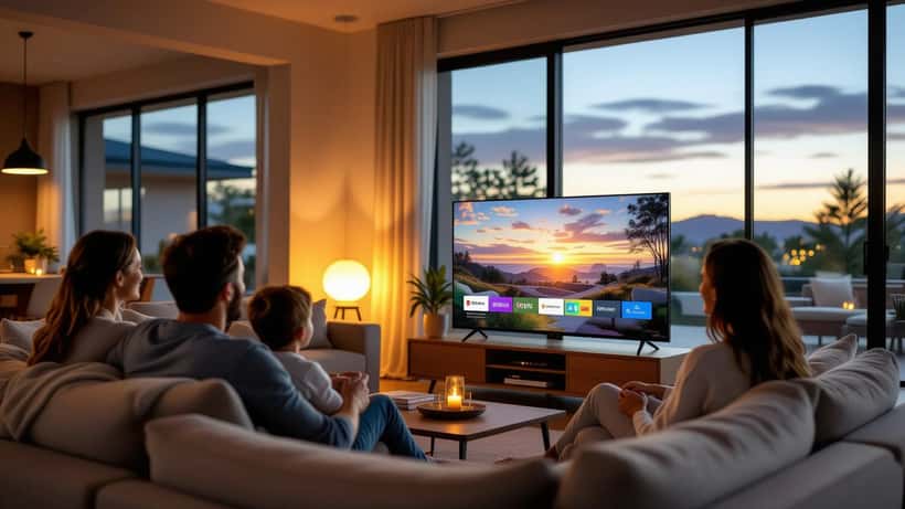 Modern Australian living room with smart TV showing SBS On Demand streaming guide 2026