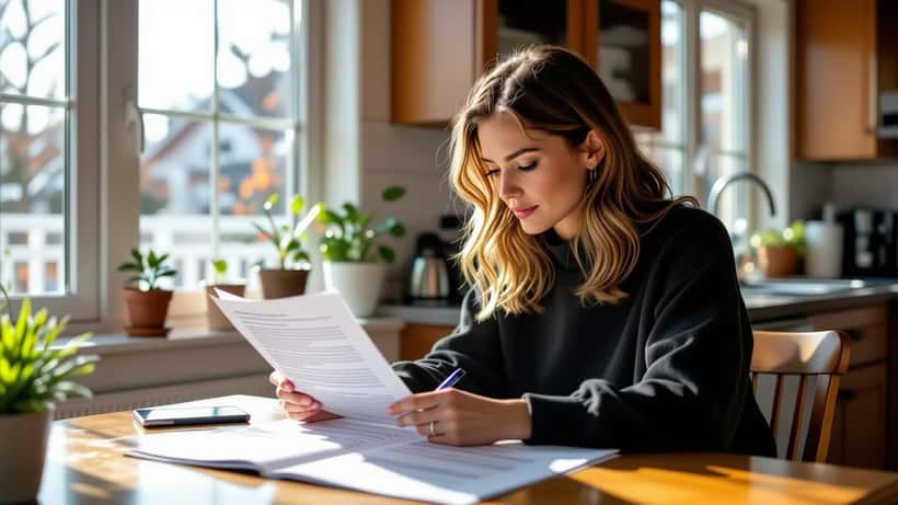 Woman reviewing reality TV participation agreement and NDA documents at a kitchen table in Toronto
