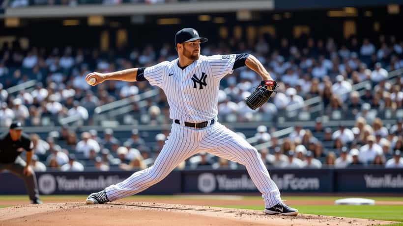 Lanceur gaucher des Yankees en pleine action sur le monticule lors d'un match MLB en 2026