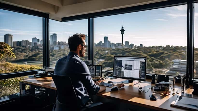 IT specialist reviewing AI workflow dashboard in a modern Australian office