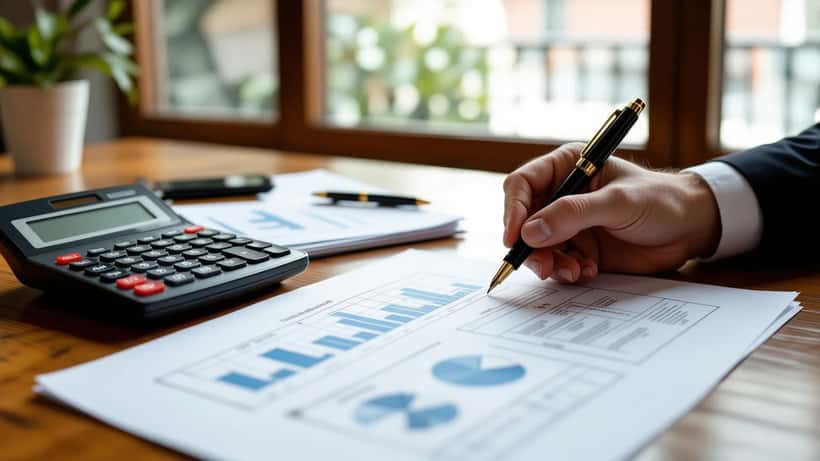 Consultor financeiro em Lisboa a analisar documentos de investimento com bilhete de Euromilhões sobre a mesa