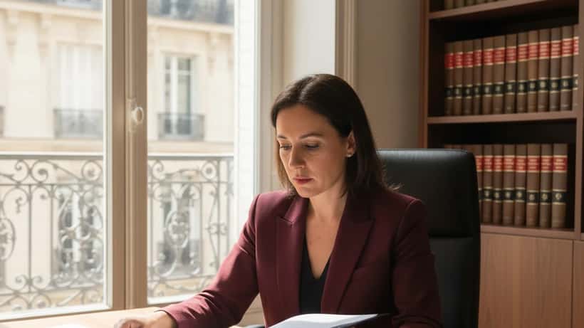 Avocate en droit de la famille consultant un contrat de mariage dans un bureau parisien
