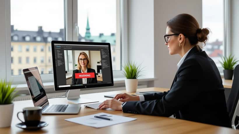 Advokat granskar AI-genererad deepfake-video på laptop i Stockholm
