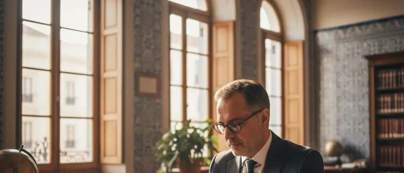 Advogado português especializado em sucessões a analisar documentos de herança num escritório notarial em Lisboa