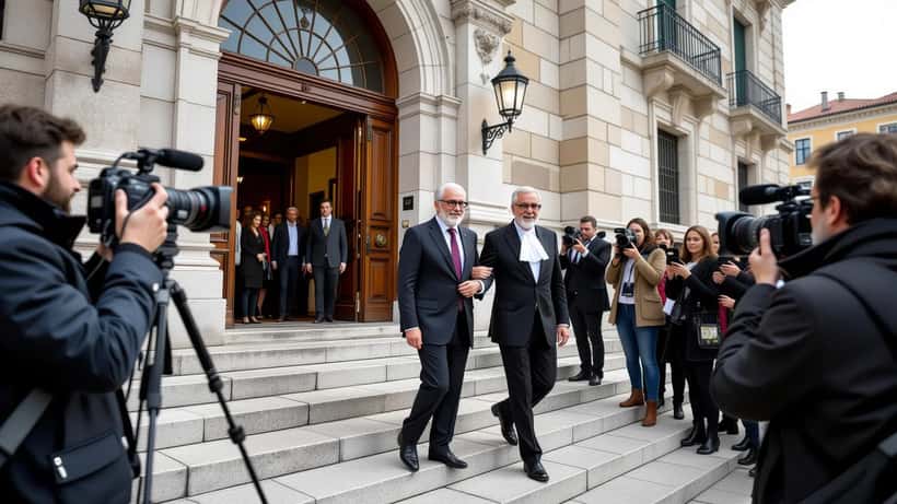 Nuno Homem de Sá à saída do tribunal de Torres Vedras rodeado de advogados e imprensa em 2026