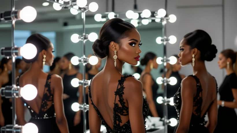 Mannequins et équipe backstage lors d'un défilé de mode, ambiance coulisses professionnelles