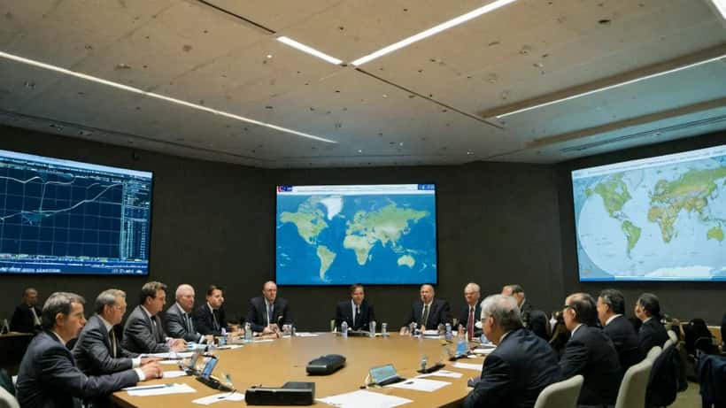 Executivos em conferência sobre infraestrutura digital em Cascais com mapas de cabos submarinos nos ecrãs