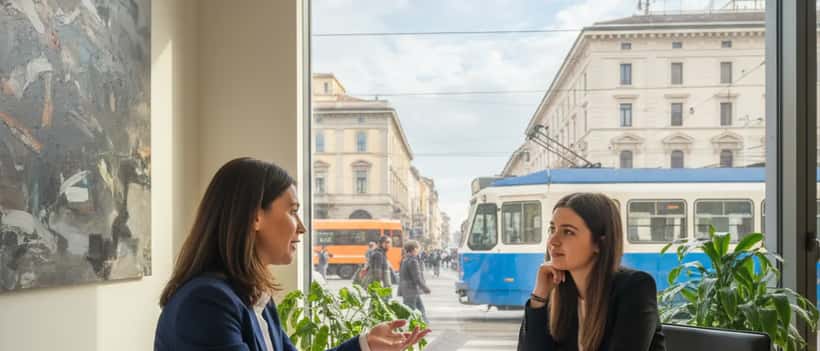 Avvocata italiana in ufficio moderno consulta un cliente sui diritti durante una manifestazione