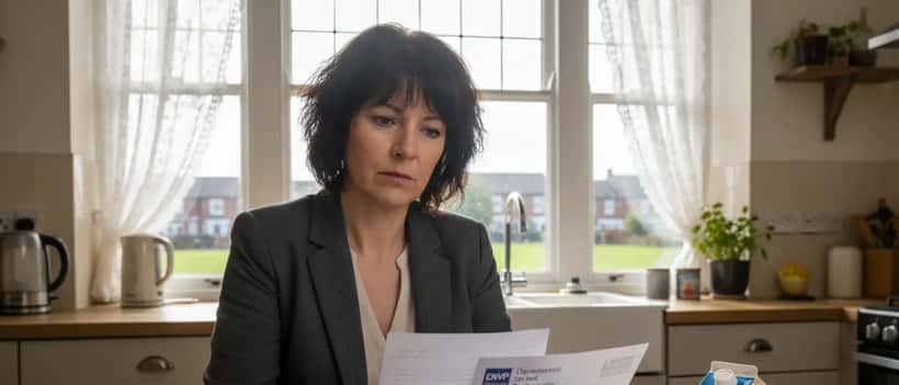 Woman reviewing DWP correspondence at home in Birmingham, concerned expression