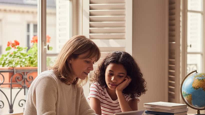 Mère française et sa fille discutant de sécurité numérique devant une tablette dans un appartement parisien
