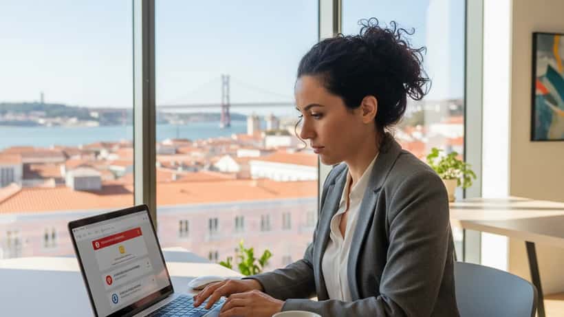 Especialista em TI em Lisboa a analisar alertas de segurança num computador portátil