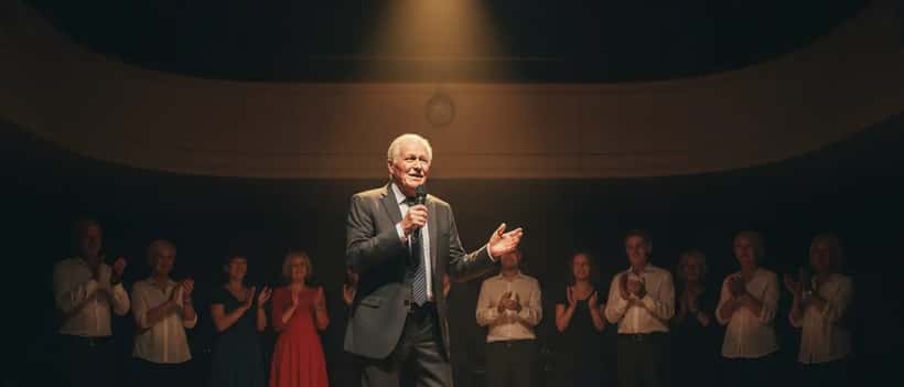 Älterer deutscher Entertainer im Anzug auf einer kleinen Bühne, Scheinwerferlicht