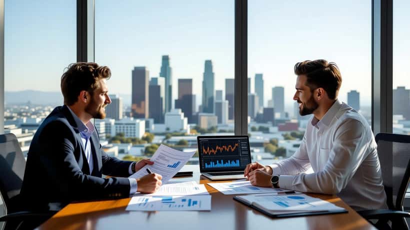 Young man reviewing financial documents with a wealth management advisor in a modern Los Angeles office