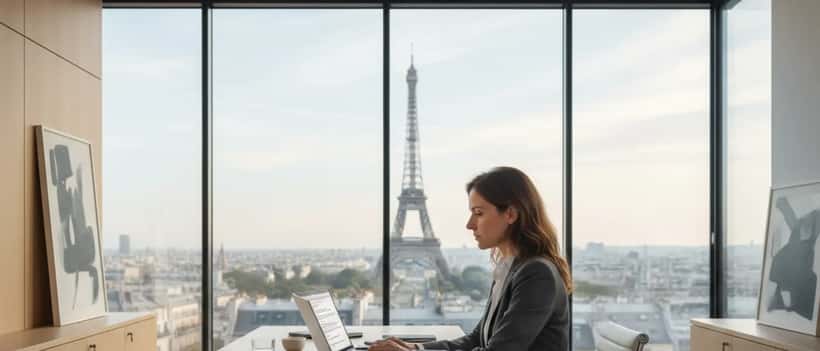 Avocat français consultant des documents réglementaires numériques sur un ordinateur portable dans un bureau
