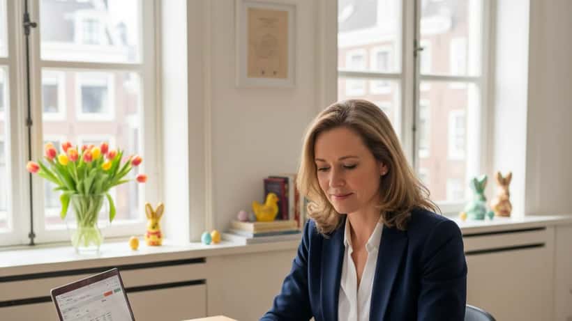 Nederlandse vrouw bekijkt juridische documenten over winkeltijden en consumentenrechten thuis