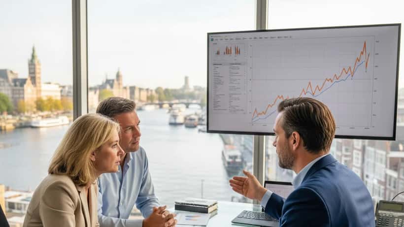 Financieel adviseur bespreekt beleggingsstrategie met cliënten in Amsterdam kantoor