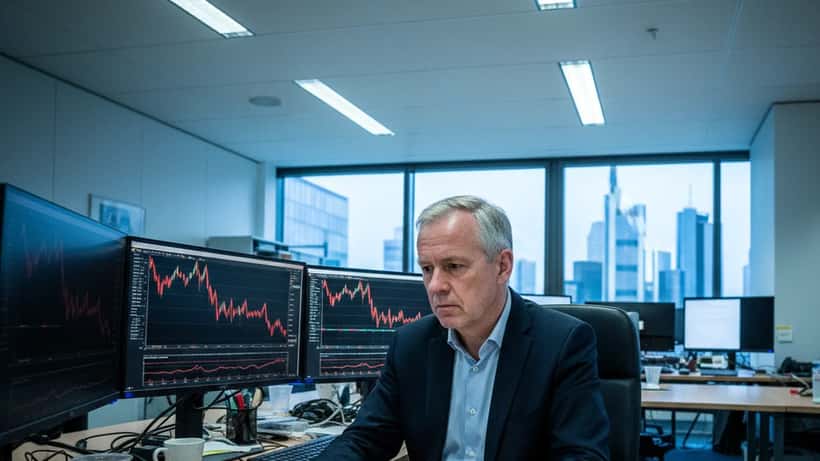 Deutscher Vermögensberater in Frankfurt analysiert Krisenportfolio mit sinkenden Kurven und Ölpreisanstieg auf Monitoren