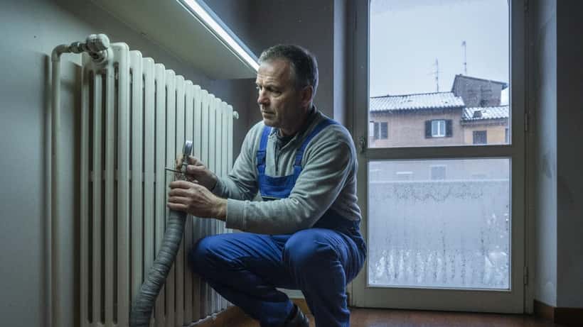 Idraulico che controlla l'impianto di riscaldamento in un appartamento italiano prima di un'ondata di freddo