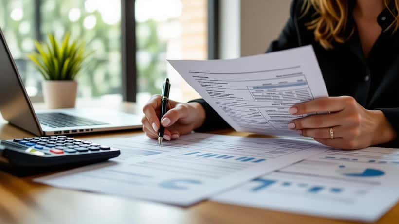 Trabalhador revisando contracheque e documentos de salário em escritório