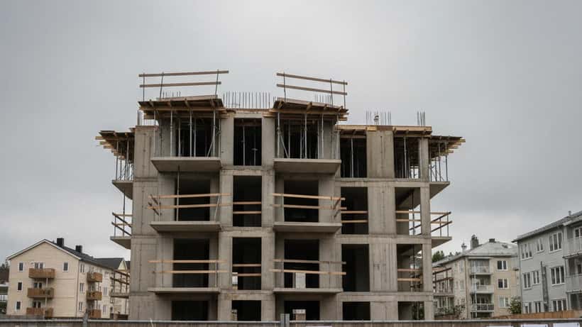 Uferdig boligblokk med konkursskilt i Oslo-forstaden