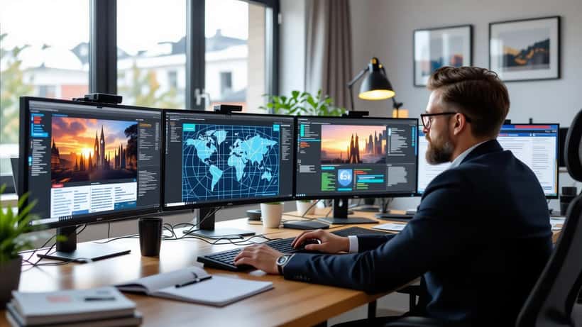 Professionnel montréalais vérifiant des sources d'information sur plusieurs écrans avec outils cybersécurité