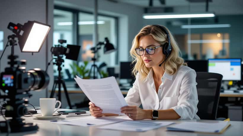Freelance tv-presentator bekijkt een contract in een kantoor van een televisiestudio