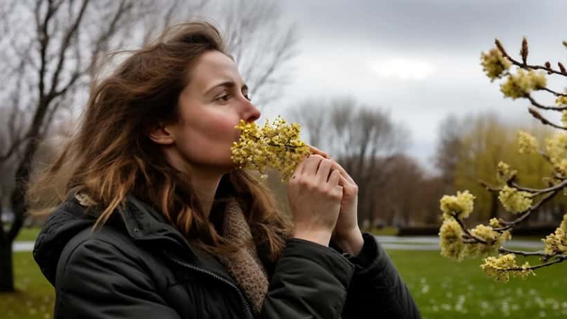 Kona með þufu þurrkar nef sitt í Reykjavíkurgarði með blómlægar bjarkgreinar í bakgrunni