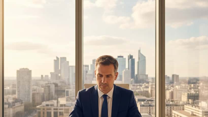 Avocat en droit international analysant des contrats d'affaires dans un bureau parisien