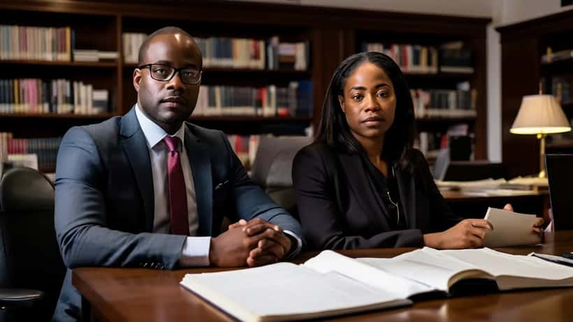 Black professional consulting with employment lawyer in Toronto office, Human Rights Act document on desk