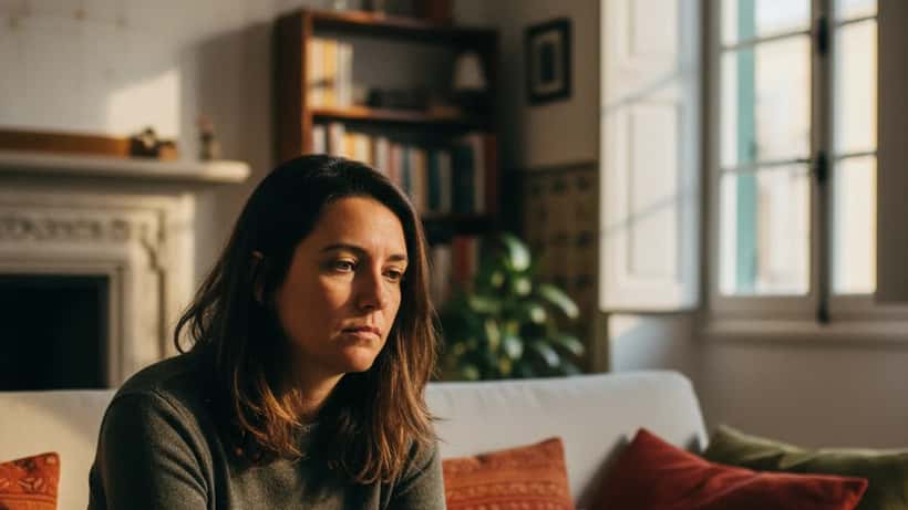 Mulher portuguesa em casa com expressão de resiliência, ilustrando a vida com fibromialgia