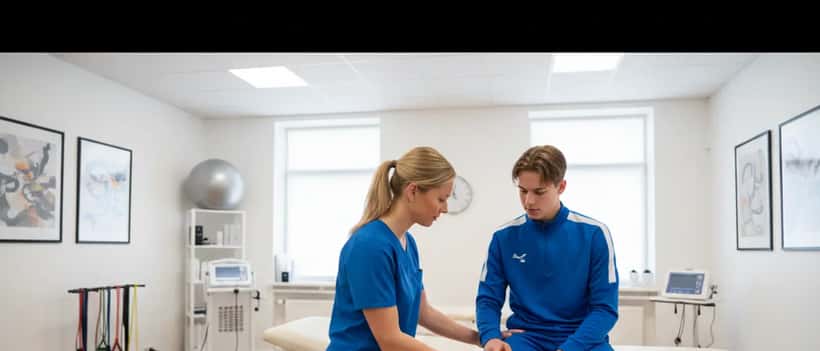 Svensk sjukgymnast undersöker en ung fotbollsspelares knäskada i en klinik