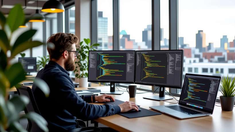 Consultant IT canadien analysant des workflows d'agents IA sur des écrans dans un espace de co-working à Montréal