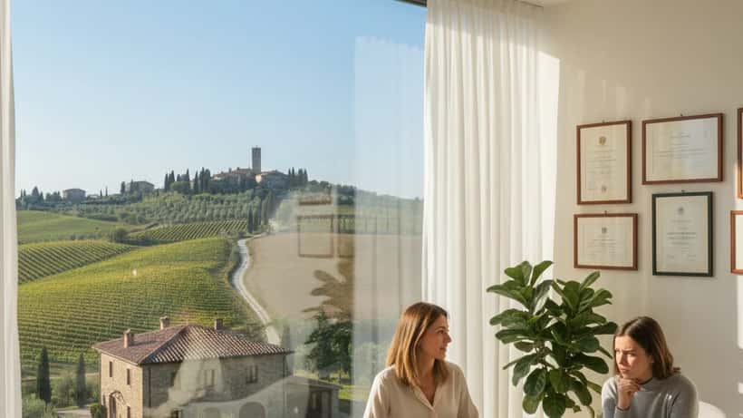 Psicologa italiana in consulenza con giovane donna ansiosa a Milano, luce naturale, setting professionale
