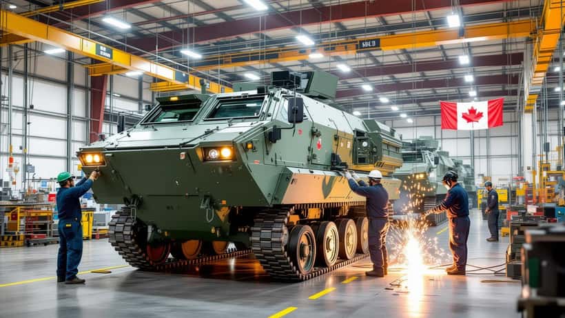 Workers assembling an armoured combat support vehicle at a defence plant in London, Ontario