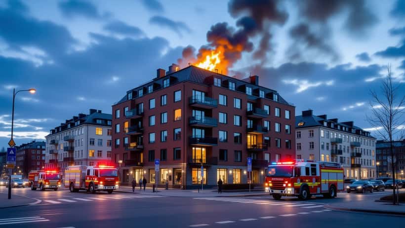 Kerrostalopalo Kalasatamassa Helsingissä, pelastuslaitoksen yksiköt sammuttavat tulipaloa yöllä