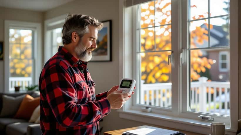 Canadian homeowner checking thermostat showing above-average September temperature in Toronto home with autumn maple trees in background