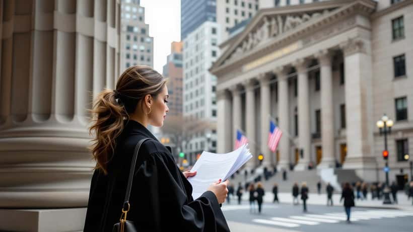 Abogada revisando documentos de acuerdo judicial en el tribunal federal de Manhattan