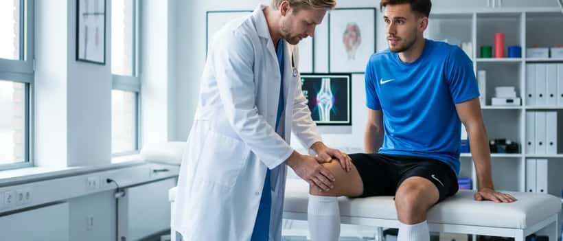 Idrottsmedicinsk läkare undersöker fotbollsspelares knä i klinisk miljö