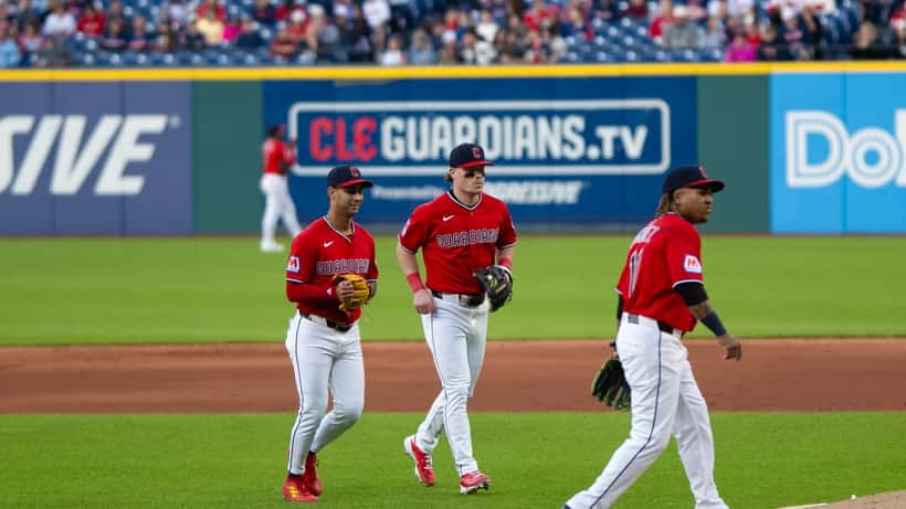 Cleveland Guardians and Tampa Bay Rays players during a 2026 MLB game at Progressive Field