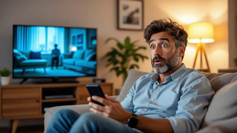 Homem brasileiro olhando alarme em smartphone com app falso de streaming, TV com Copa 2026 ao fundo